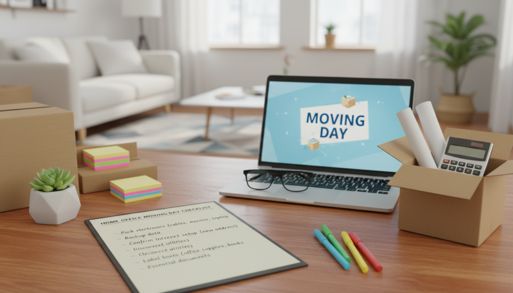 A detailed flat lay image of a moving day checklist focused on a home office setup. In the foreground, a neatly arranged checklist with bullet points, including items like "Pack electronics," "Confirm internet setup," and "Label boxes." The checklist is on a wooden desk adorned with a potted plant and a set of colorful pens. In the middle, a laptop with a "Moving Day" background is visible, partially covered by a few open boxes and office supplies, such as sticky notes and a calculator. In the background, soft natural light streams through a window, illuminating a blurred living room scene with minimalistic décor. The mood is organized and calm, emphasizing a smooth transition to a new workspace.
