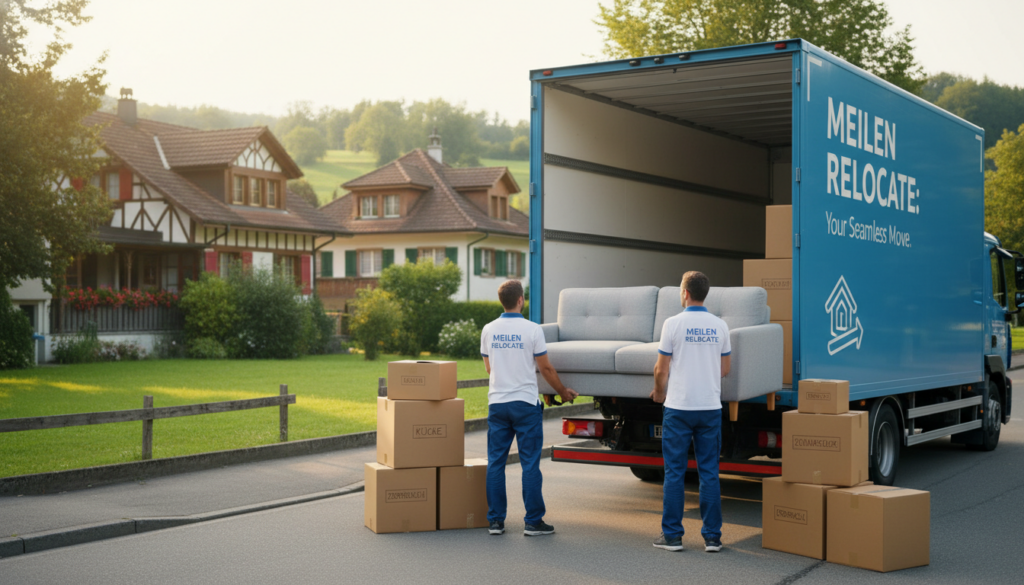 A picturesque scene showing the professional services of a moving company in Meilen. In the foreground, a team of two movers, dressed in smart uniforms, carefully loading a couch into a moving truck with bright branding, showcasing professionalism and teamwork. In the middle ground, various moving boxes neatly stacked, labeled for organization. In the background, a serene suburban landscape featuring charming houses and greenery, symbolizing a stress-free environment. Soft natural lighting casts a warm glow on the scene, enhancing the feeling of reliability and serenity. The atmosphere is one of efficiency and comfort, capturing the essence of a hassle-free move.