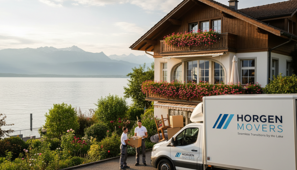 A professional moving service in Horgen operating along the picturesque Zürichsee. In the foreground, two well-dressed movers efficiently load boxes and furniture onto a modern, branded moving truck, showcasing teamwork and organization. The middle ground features a charming residential building with a scenic view of the lake, surrounded by lush greenery and blooming flowers, emphasizing a welcoming atmosphere. In the background, the tranquil Zürichsee gleams under warm, late afternoon sunlight, with the Swiss Alps faintly visible on the horizon. The composition has soft, natural lighting, creating an inviting and serene mood, captured from a slightly elevated angle to highlight both the moving service and the beautiful surroundings.