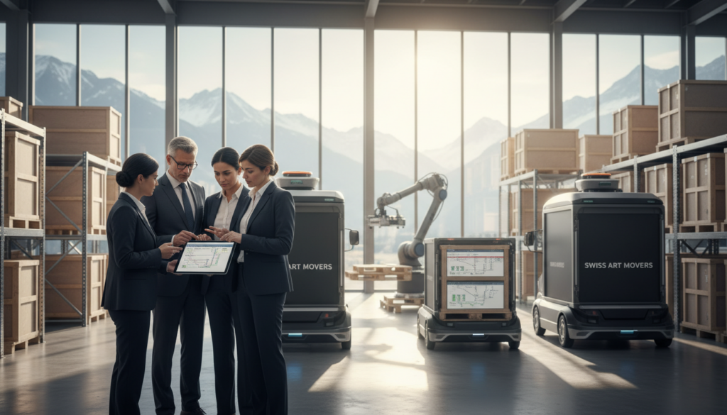 A proficient and experienced team of diverse professionals, dressed in smart business attire, collaborating in a modern logistics hub. In the foreground, the team is engaged in a discussion, pointing at a digital tablet showcasing transport plans, illustrating their expertise. The middle ground features advanced infrastructure, such as state-of-the-art transport vehicles and organized storage areas, emphasizing precision and safety. In the background, large windows illuminate the space with natural light, enhancing the professional atmosphere. The overall mood is one of teamwork, reliability, and modern efficiency, suggesting a strong foundation for successful art transportation in Switzerland. The image should have sharp focus and vibrant colors, creating a confident and inviting scene.
