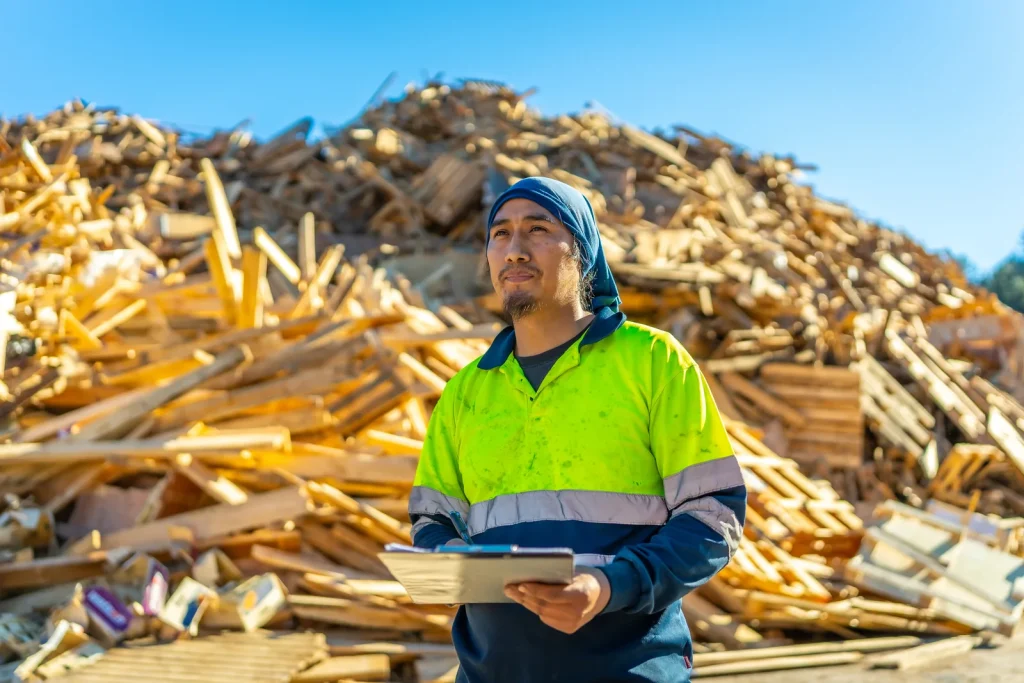 Mitarbeiter sortiert Holz und Metall auf dem Recyclingplatz