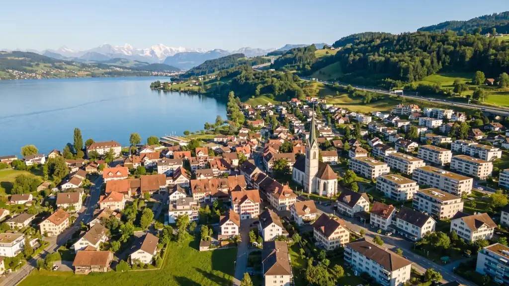 Altendorf SZ am Obersee mit Kirche und Seeufer – Umzugsfirma Optimal Umzug
