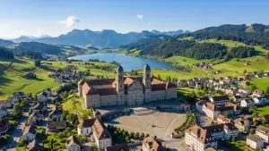 Kloster Einsiedeln mit Klosterplatz, Dorf und Sihlsee
