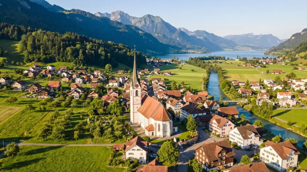 Galgenen SZ mit Pfarrkirche St. Martin und Blick Richtung Obersee