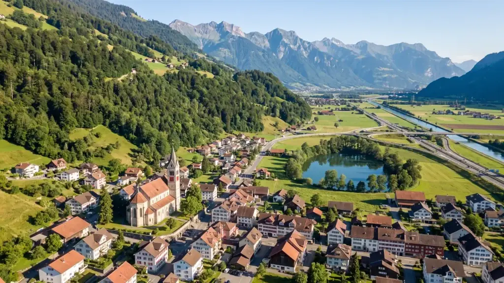 Reichenburg SZ am Rand der Linthebene mit Kirche und Hirschlensee