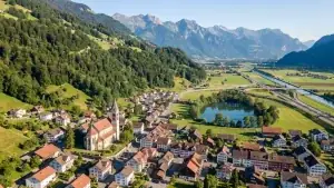 Reichenburg SZ am Rand der Linthebene mit Kirche und Hirschlensee