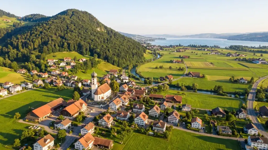 Schübelbach SZ am Fuss des Stockbergs mit Blick auf den Obersee