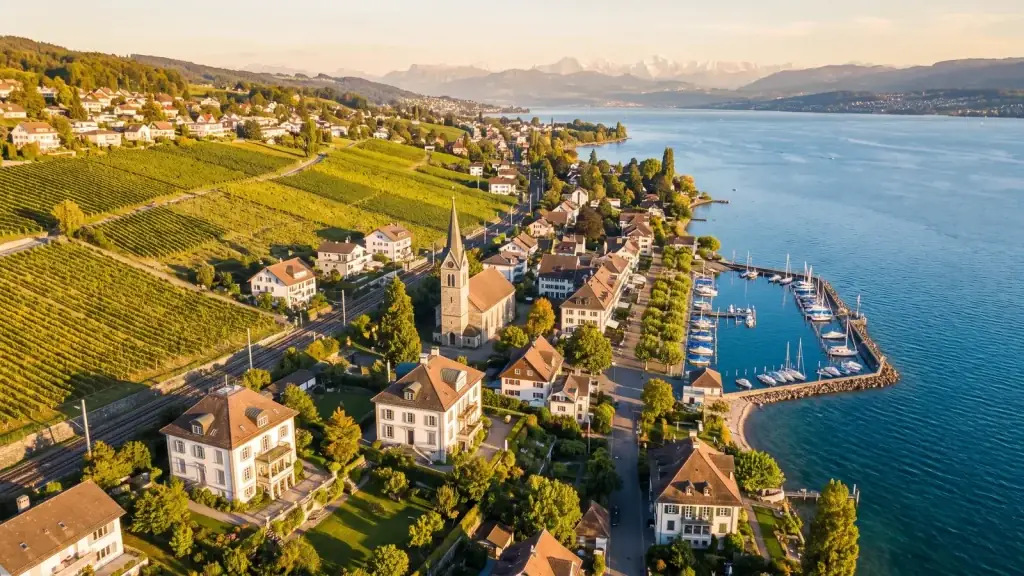 Stäfa ZH mit Rebbergen, Hafen und Alpenblick am Zürichsee