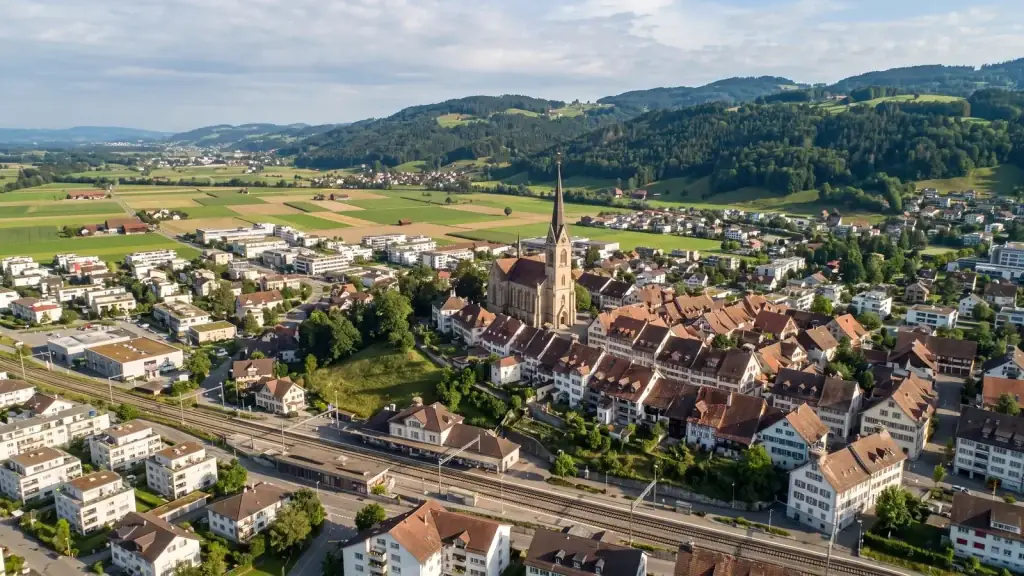 Uznach SG mit Städtli, Kirche und Bahnhof in der Linthebene