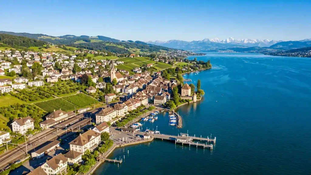 Wädenswil ZH mit Hafen, Bahnhof und Rebbergen am Zürichsee