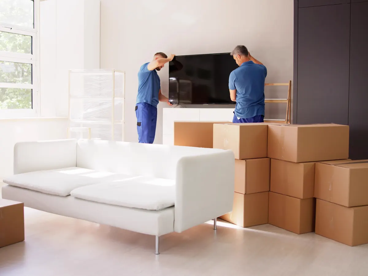 Umzugsteam stellt Möbel und Fernseher in der neuen Wohnung auf
